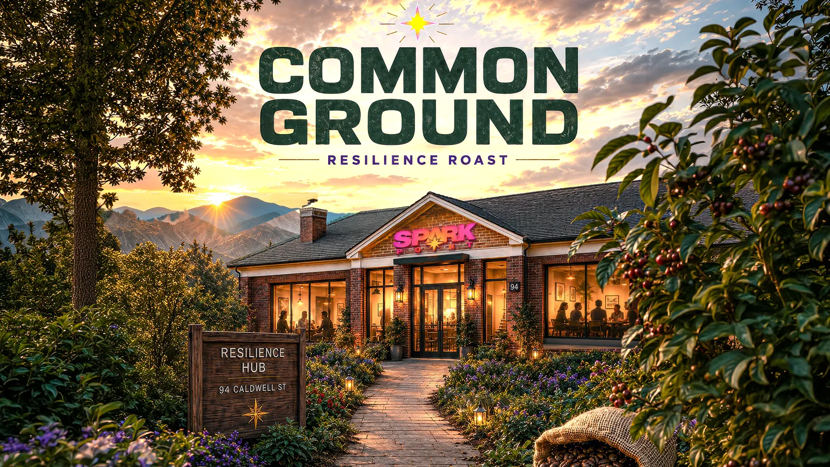 Conceptual illustration of SparkPoint’s future Resilience Hub at sunset.
